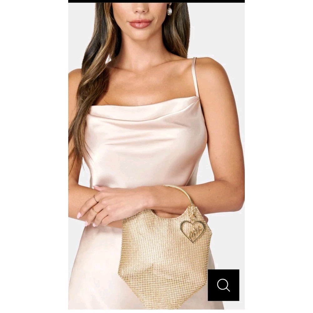 BEBE Alabama Metal Handle Crossbody Bag Gold White Mesh Rhinestones NWT $99